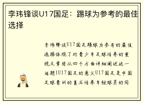 李玮锋谈U17国足：踢球为参考的最佳选择